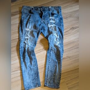 SMOKE RISE Men's Denim Jeans RN#82930 42x30 Rip And Repair Acid Wash Distressed